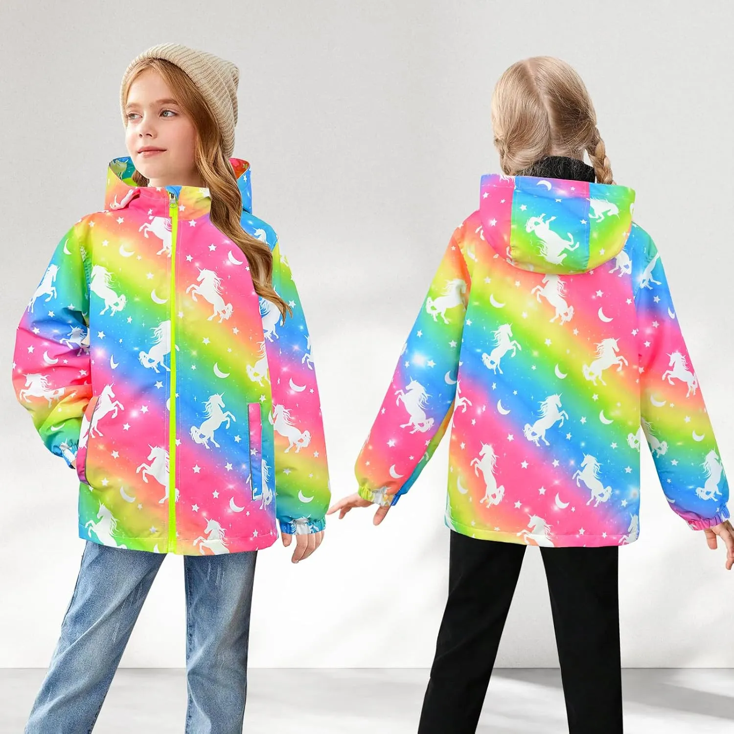 OlyPegic Girls Rain Jacket Waterproof Hooded Fleece Lined Lightweight Windbreaker Kids Windproof Jackets Raincoats Kids