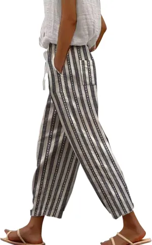 Petite Linen Pants, Cotton Capri Pants for Women, Lightweight Capri High Waisted Elastic Waist Trousers Casual Loose Summer Lounge Trousers Pantalon Lino Mujer Camouflage Small