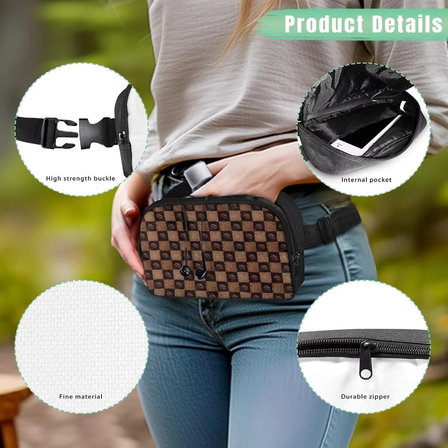 Plaid Fanny Packs for Women Brown Ladies Waist Bag Lightweight Practical Waist Pouch with Smooth Zipper for Hiking Cycling Vacation Travel Outdoor Shopping Nice Birthday Gifts for Mom Lover
