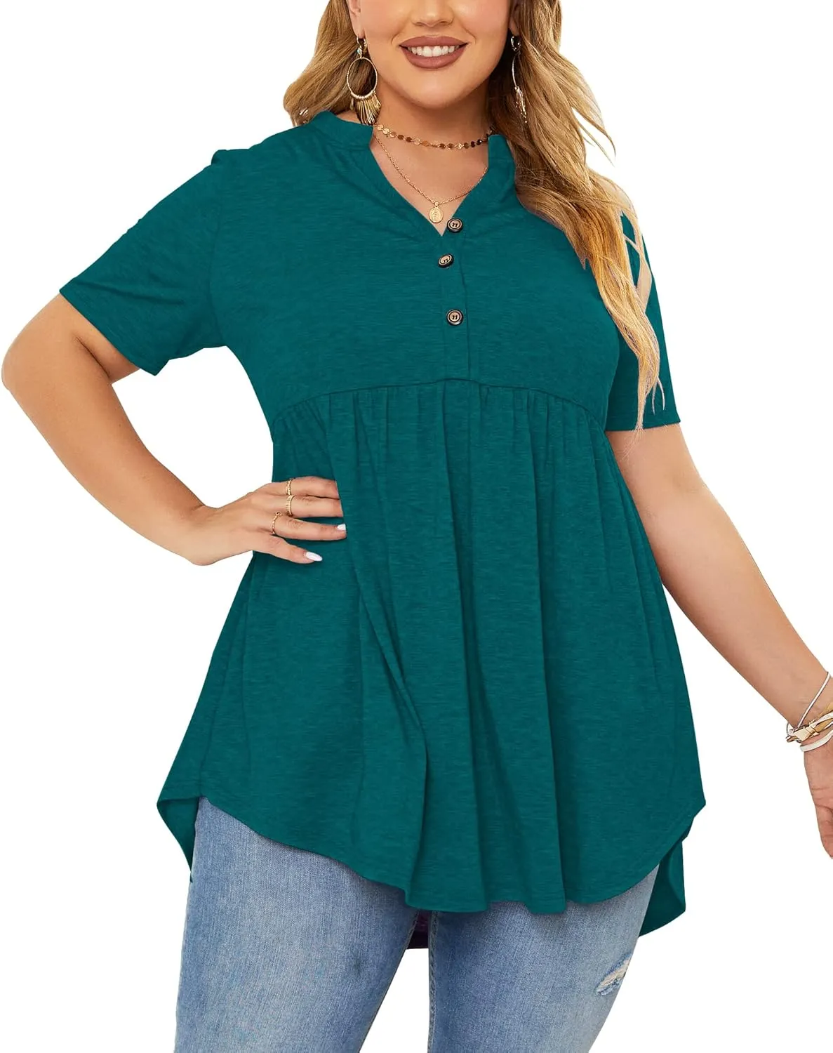 PLOKNRD Women's Plus Size Tops Short Sleeve Henley V Neck Button Up Flowy T Shirts Tunic Loose Blouses