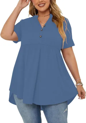 PLOKNRD Women's Plus Size Tops Short Sleeve Henley V Neck Button Up Flowy T Shirts Tunic Loose Blouses