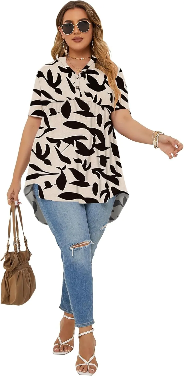 PLOKNRD Women's Plus Size Tops Short Sleeve Henley V Neck Button Up Flowy T Shirts Tunic Loose Blouses
