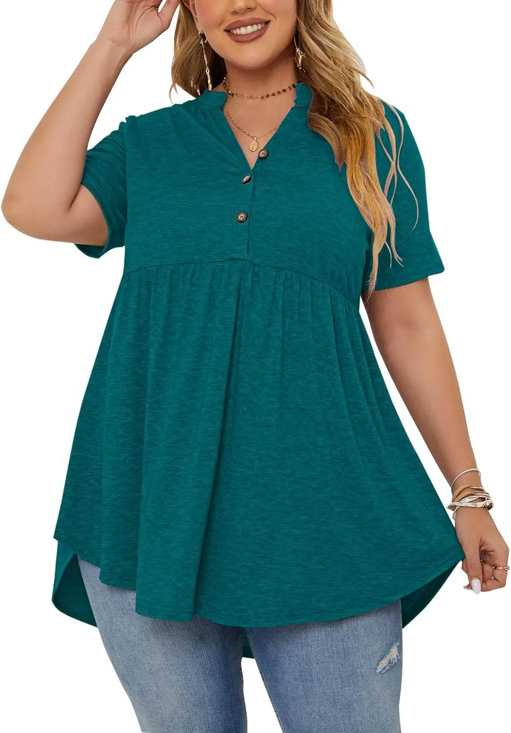 PLOKNRD Women's Plus Size Tops Short Sleeve Henley V Neck Button Up Flowy T Shirts Tunic Loose Blouses