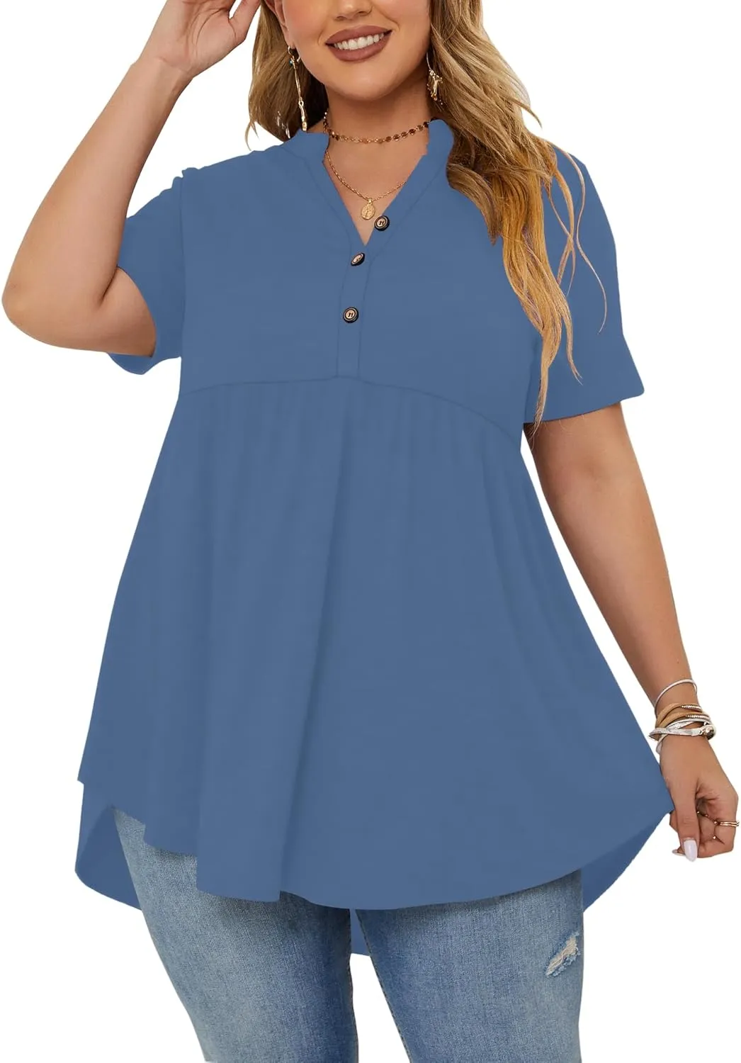 PLOKNRD Women's Plus Size Tops Short Sleeve Henley V Neck Button Up Flowy T Shirts Tunic Loose Blouses