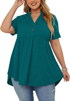 PLOKNRD Women's Plus Size Tops Short Sleeve Henley V Neck Button Up Flowy T Shirts Tunic Loose Blouses