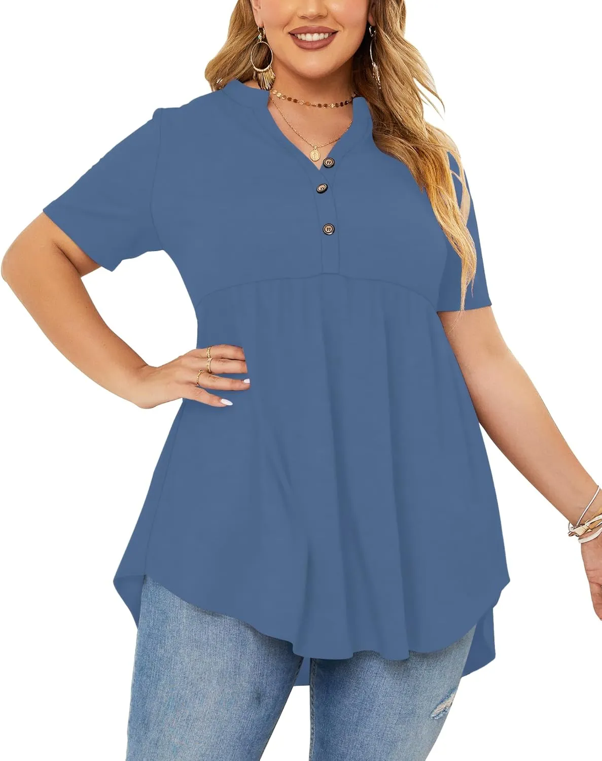 PLOKNRD Women's Plus Size Tops Short Sleeve Henley V Neck Button Up Flowy T Shirts Tunic Loose Blouses