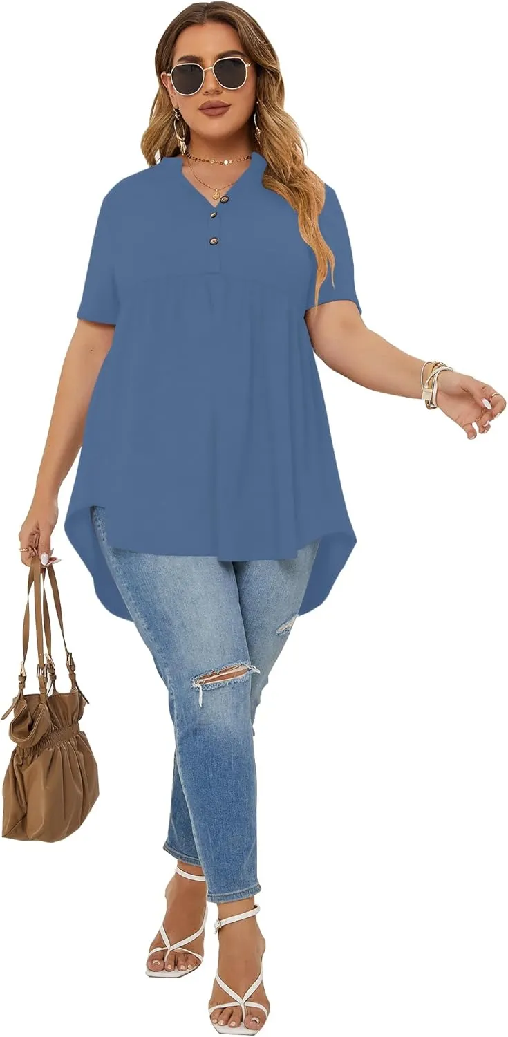 PLOKNRD Women's Plus Size Tops Short Sleeve Henley V Neck Button Up Flowy T Shirts Tunic Loose Blouses