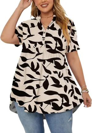 PLOKNRD Women's Plus Size Tops Short Sleeve Henley V Neck Button Up Flowy T Shirts Tunic Loose Blouses