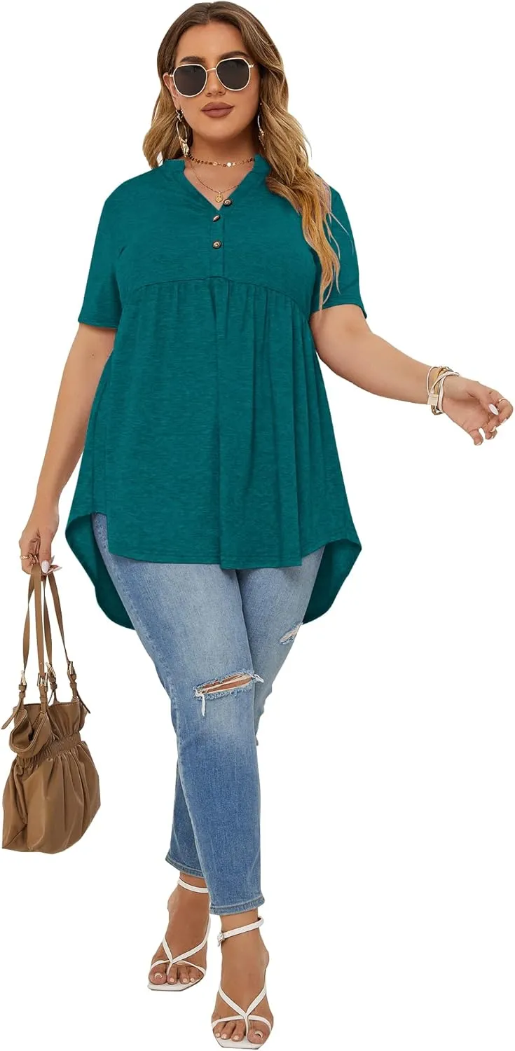 PLOKNRD Women's Plus Size Tops Short Sleeve Henley V Neck Button Up Flowy T Shirts Tunic Loose Blouses
