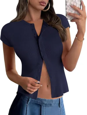 PRETTYGARDEN Women's Short Sleeve Summer Tops 2025 Trendy Ribbed Knit Button Up Tight Basic Tees Shirts Going Out Y2K Clothes