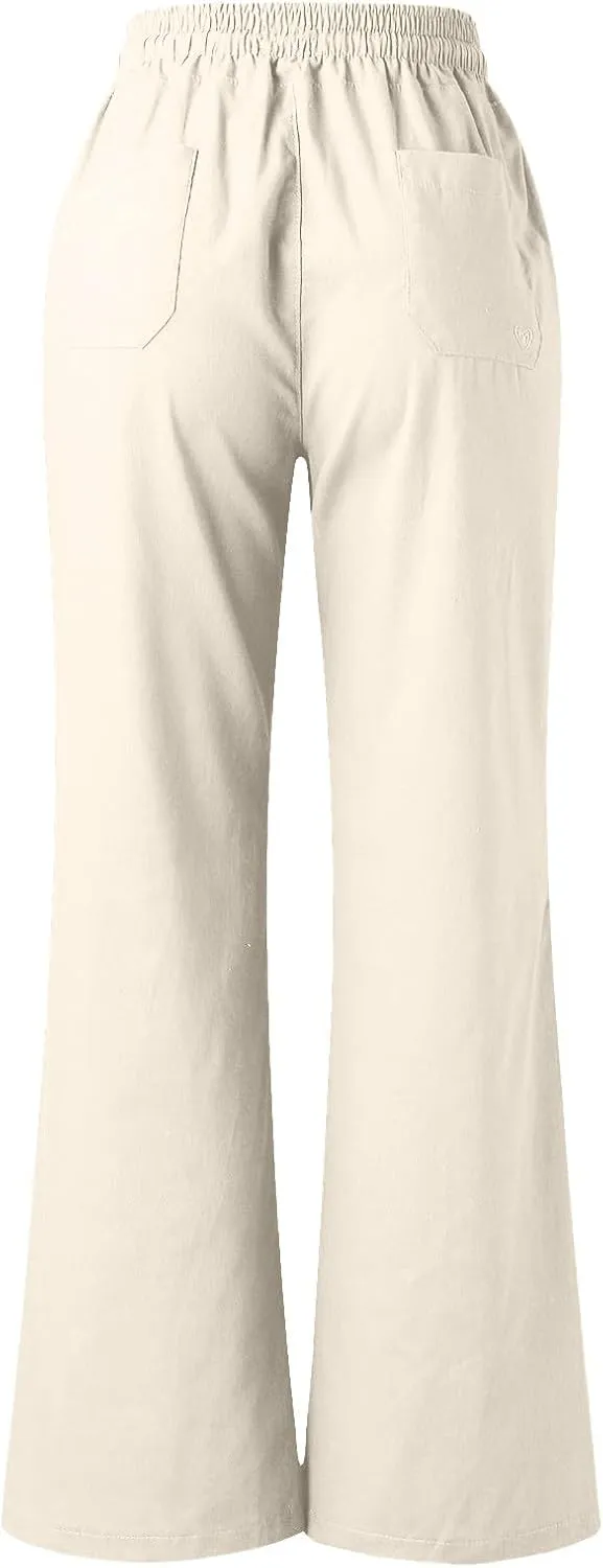 PTOLOCIF Women's Casual Cotton Linen Pants Summer Flowy High Waisted Beach Pants Flowy Wide Leg Palazzo Trousers with Pcokets