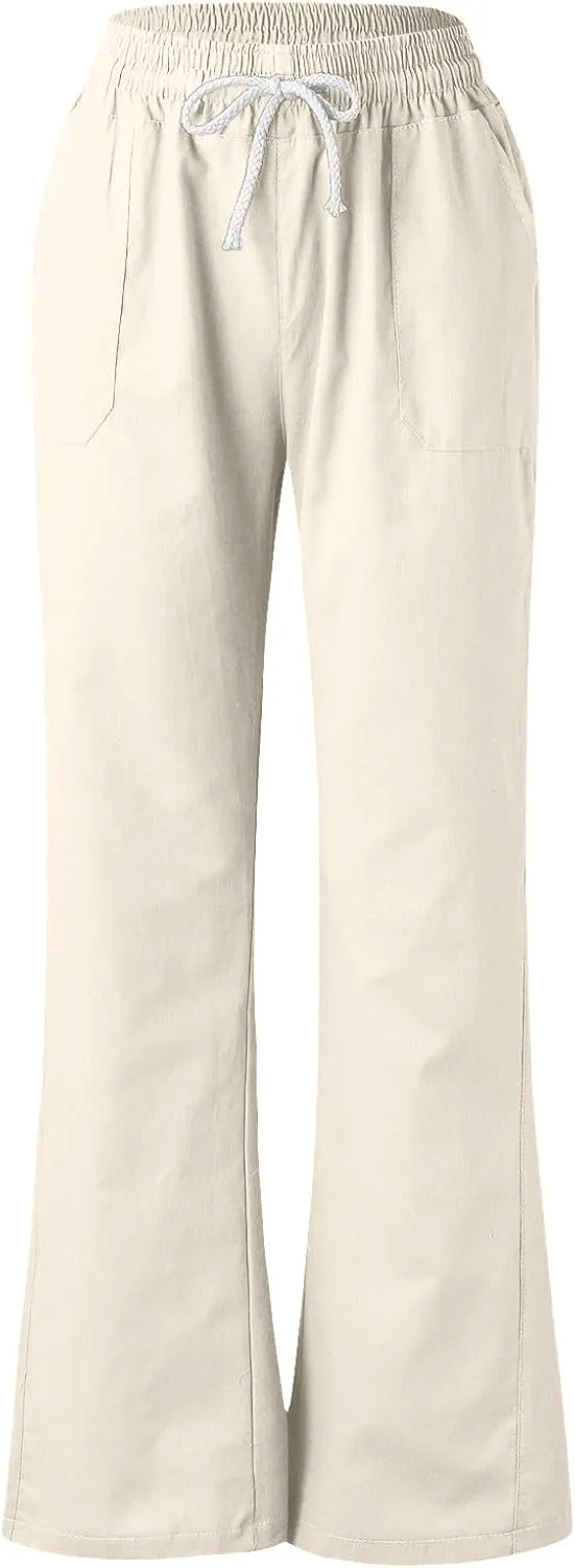 PTOLOCIF Women's Casual Cotton Linen Pants Summer Flowy High Waisted Beach Pants Flowy Wide Leg Palazzo Trousers with Pcokets