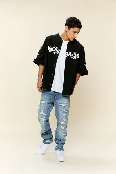 "THRASHED" STRAIGHT DENIM VINTAGE BLUE WASH