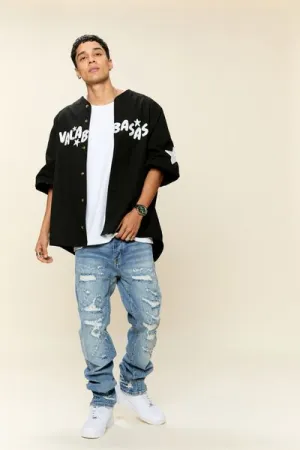 "THRASHED" STRAIGHT DENIM VINTAGE BLUE WASH