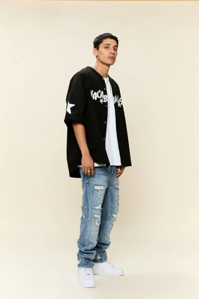 "THRASHED" STRAIGHT DENIM VINTAGE BLUE WASH