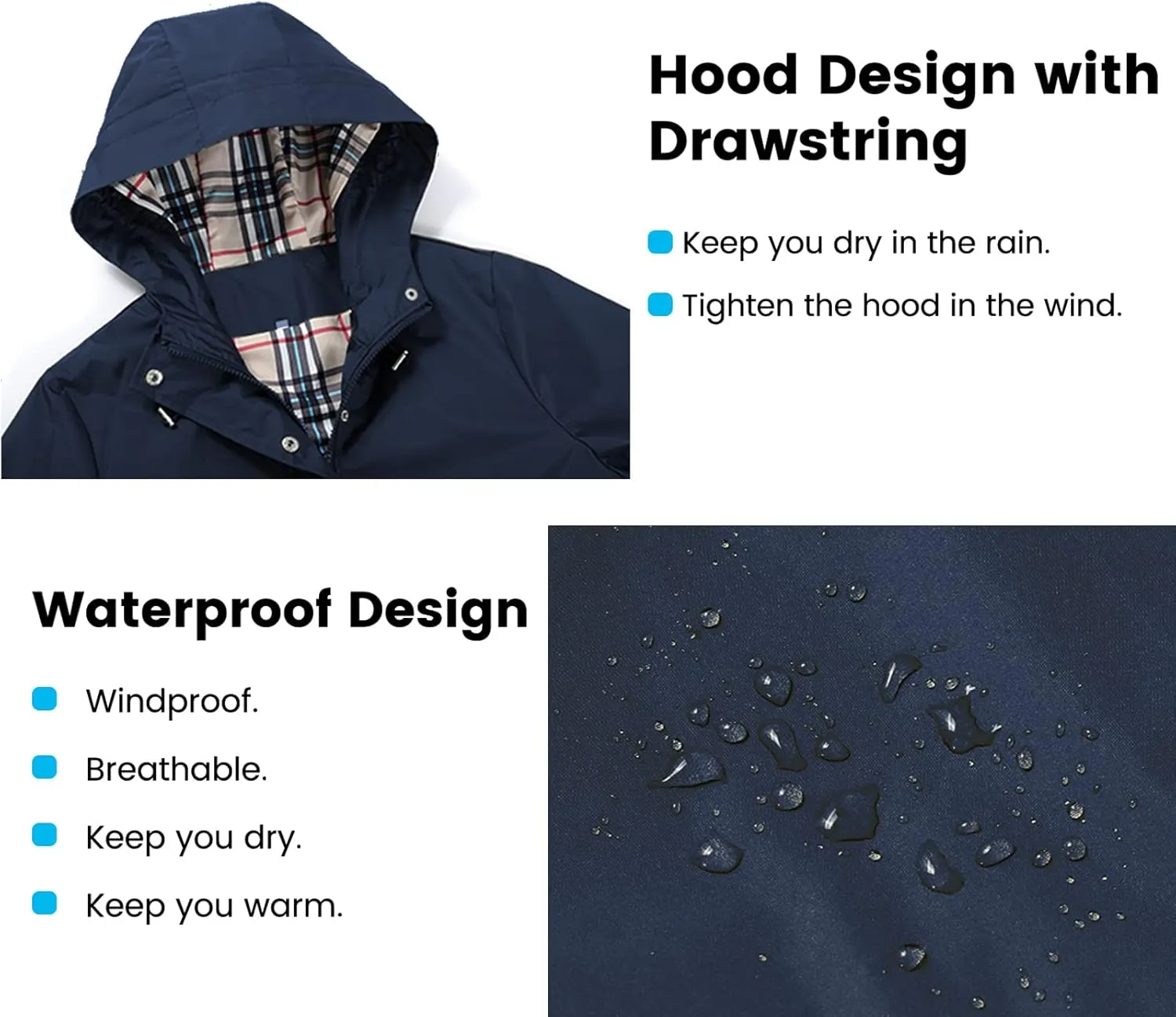 Rain Coat for Women Waterproof with Hood Lightweight Women's Rain Jacket Outdoor Trench Windbreaker Long Raincoats