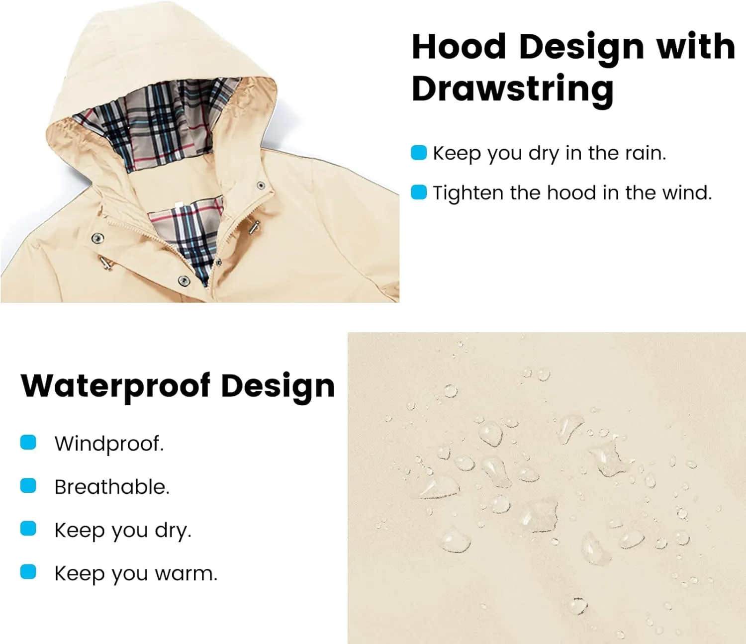 Rain Coat for Women Waterproof with Hood Lightweight Women's Rain Jacket Outdoor Trench Windbreaker Long Raincoats