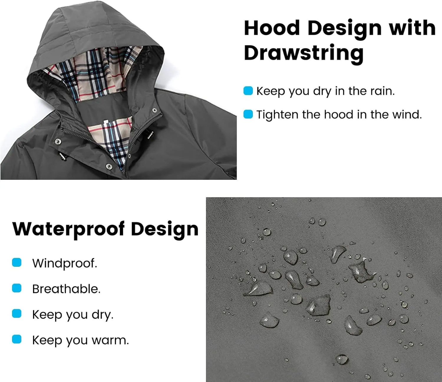Rain Coat for Women Waterproof with Hood Lightweight Women's Rain Jacket Outdoor Trench Windbreaker Long Raincoats