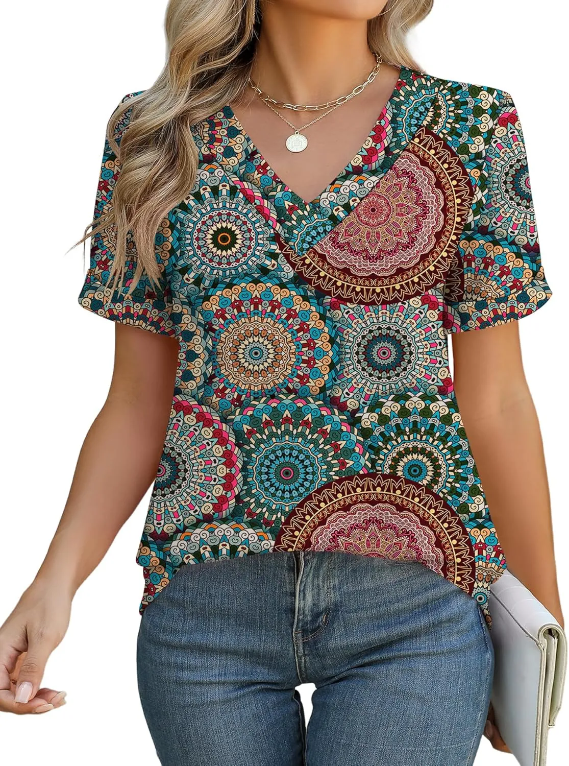Rapbin T Shirts for Women Short Sleeve V Neck Tshirts Loose Fit Lightweight Soft Casual Summer Spring Tee Tops