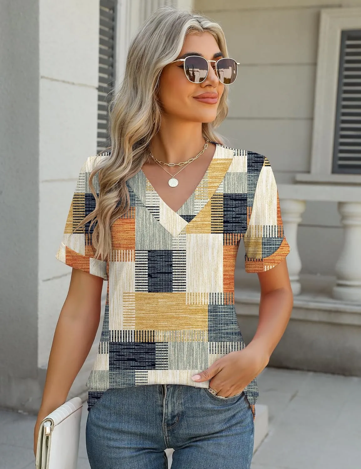 Rapbin T Shirts for Women Short Sleeve V Neck Tshirts Loose Fit Lightweight Soft Casual Summer Spring Tee Tops