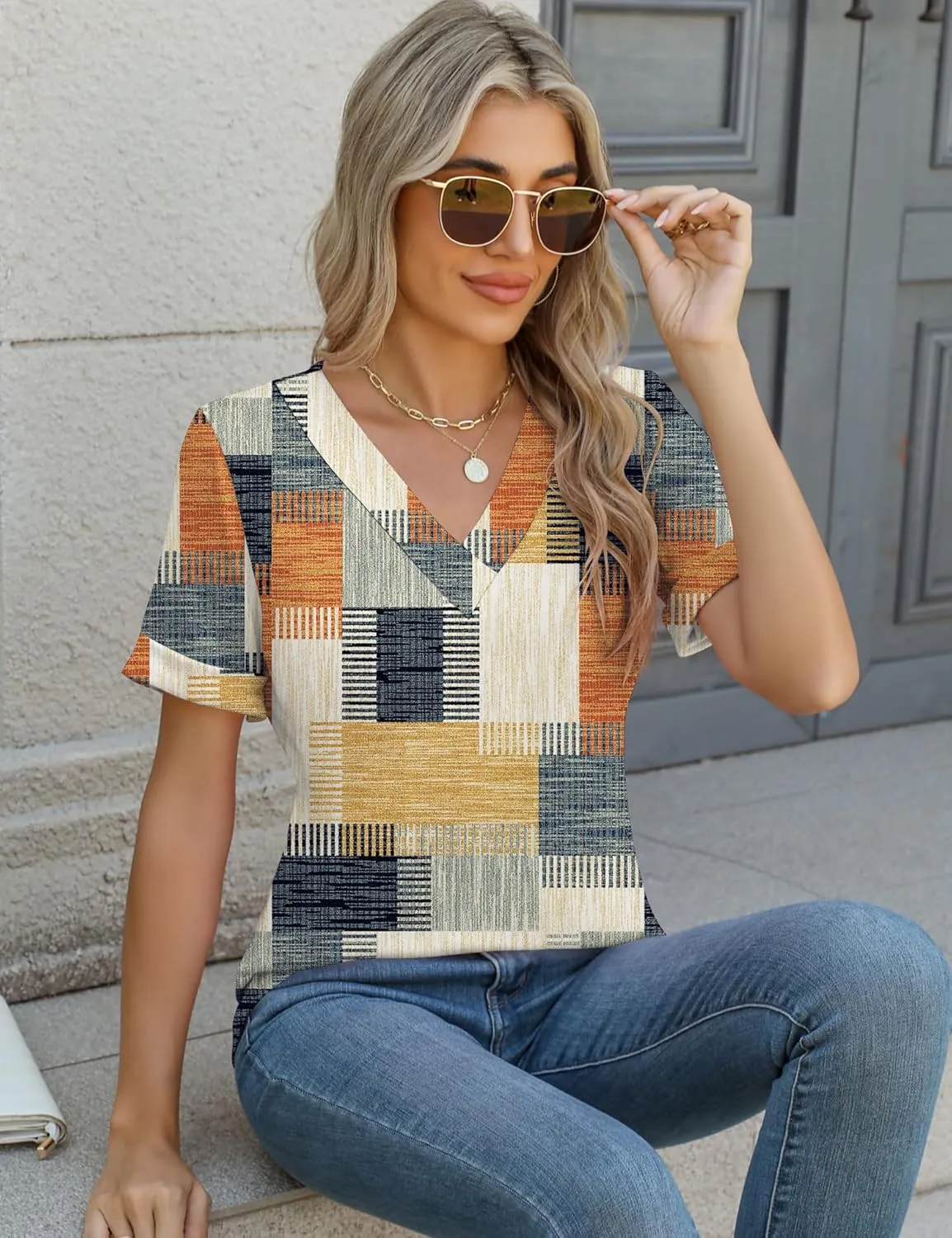 Rapbin T Shirts for Women Short Sleeve V Neck Tshirts Loose Fit Lightweight Soft Casual Summer Spring Tee Tops