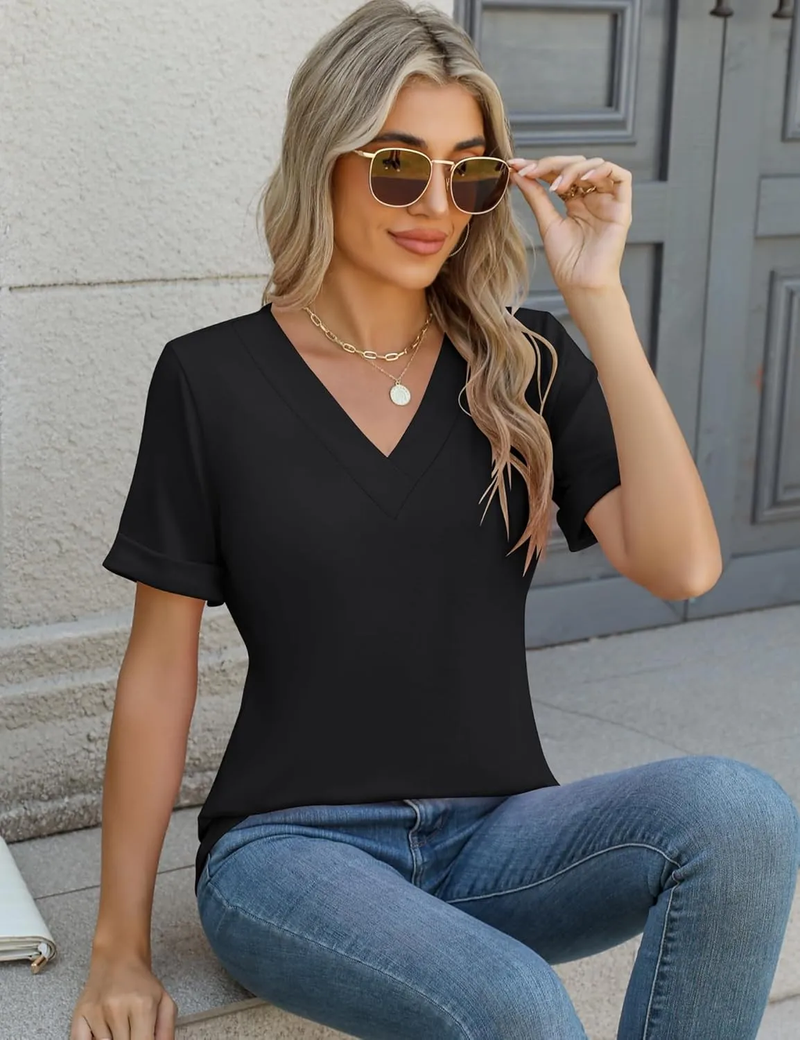 Rapbin T Shirts for Women Short Sleeve V Neck Tshirts Loose Fit Lightweight Soft Casual Summer Spring Tee Tops