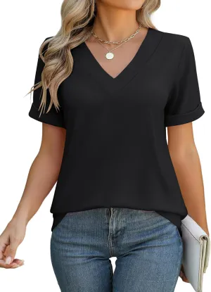 Rapbin T Shirts for Women Short Sleeve V Neck Tshirts Loose Fit Lightweight Soft Casual Summer Spring Tee Tops