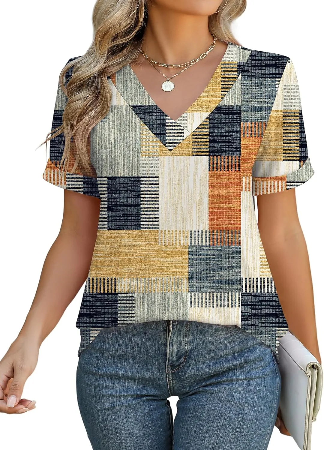 Rapbin T Shirts for Women Short Sleeve V Neck Tshirts Loose Fit Lightweight Soft Casual Summer Spring Tee Tops
