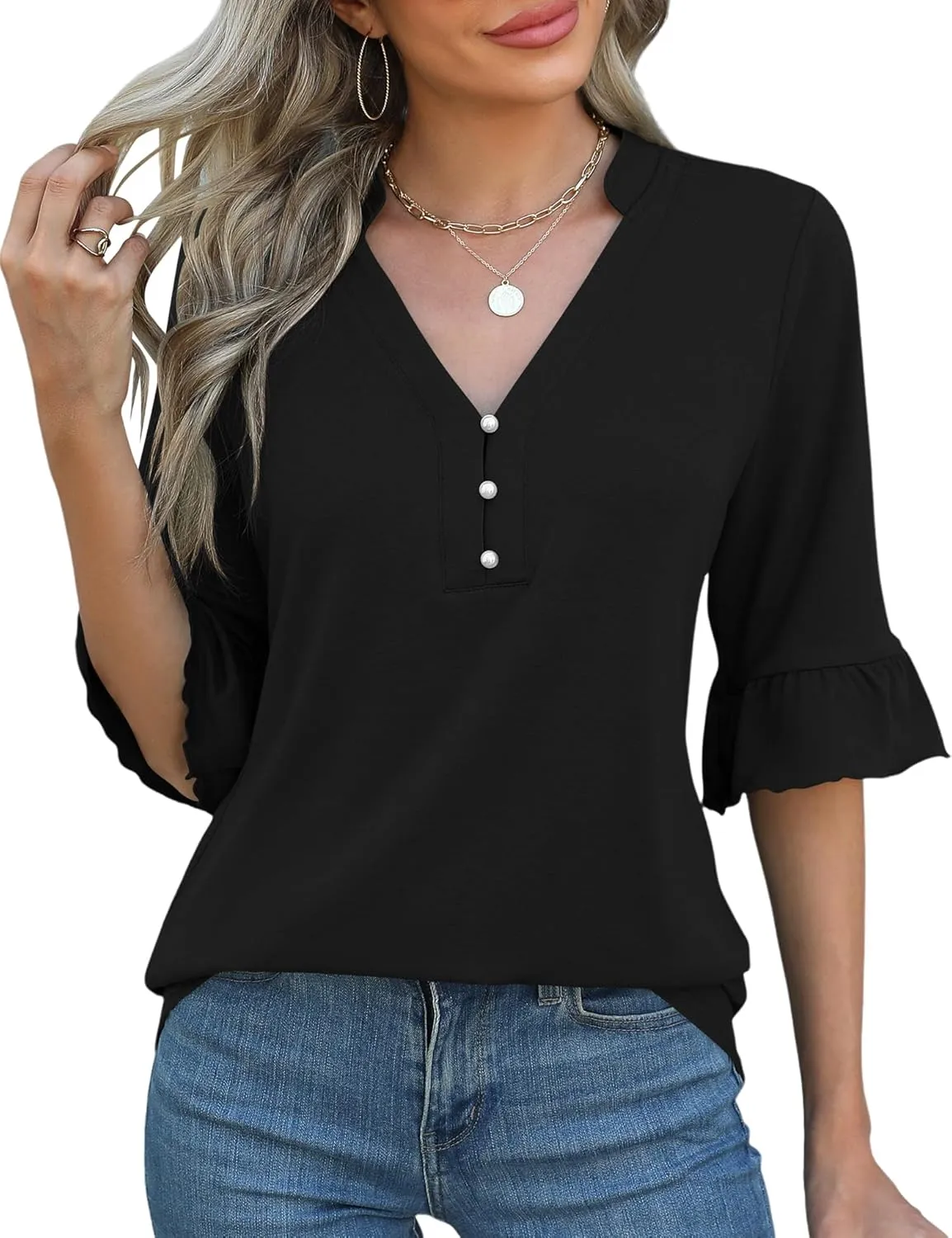 Rapbin Womens 3/4 Length Sleeve Blouses Ruffle Cuffs V Neck Button Down Shirts Dressy Flowy Tunic Tops