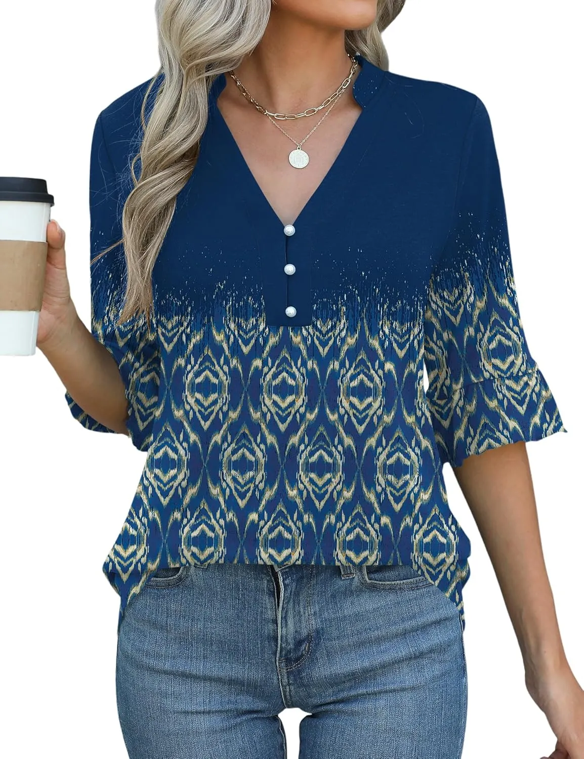 Rapbin Womens 3/4 Length Sleeve Blouses Ruffle Cuffs V Neck Button Down Shirts Dressy Flowy Tunic Tops