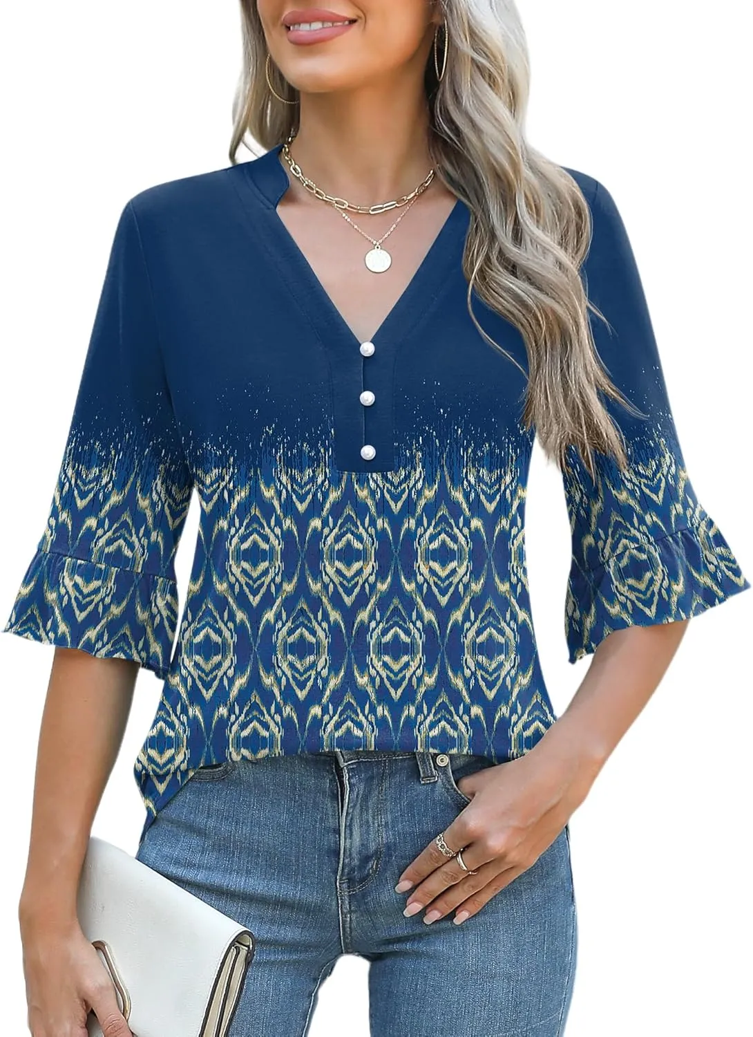 Rapbin Womens 3/4 Length Sleeve Blouses Ruffle Cuffs V Neck Button Down Shirts Dressy Flowy Tunic Tops