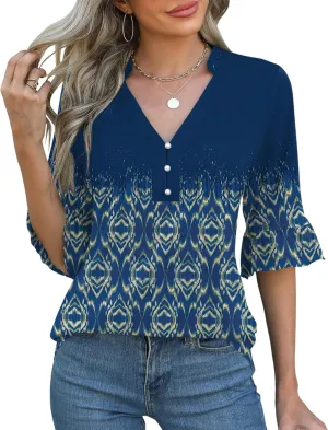 Rapbin Womens 3/4 Length Sleeve Blouses Ruffle Cuffs V Neck Button Down Shirts Dressy Flowy Tunic Tops