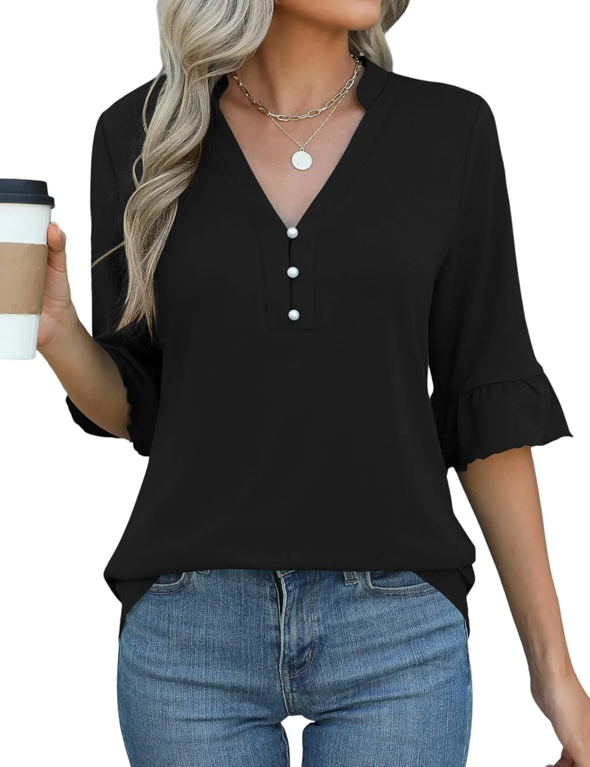 Rapbin Womens 3/4 Length Sleeve Blouses Ruffle Cuffs V Neck Button Down Shirts Dressy Flowy Tunic Tops