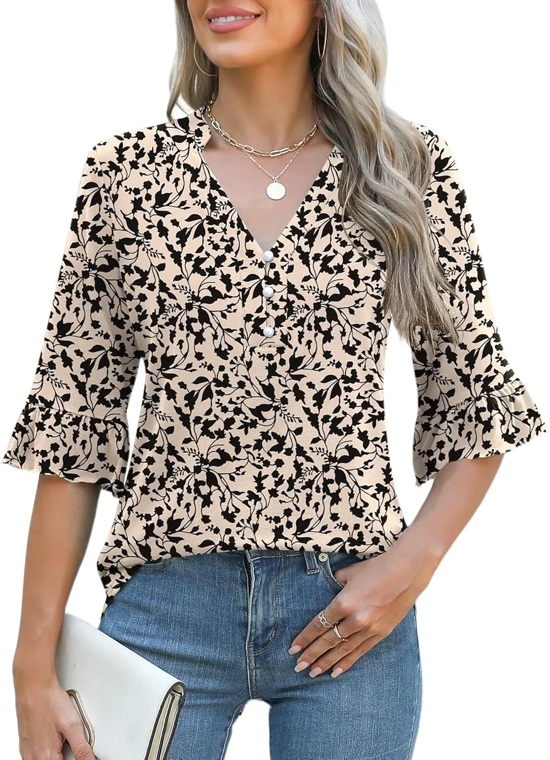Rapbin Womens 3/4 Length Sleeve Blouses Ruffle Cuffs V Neck Button Down Shirts Dressy Flowy Tunic Tops