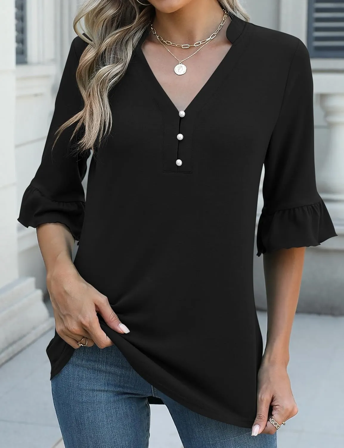 Rapbin Womens 3/4 Length Sleeve Blouses Ruffle Cuffs V Neck Button Down Shirts Dressy Flowy Tunic Tops