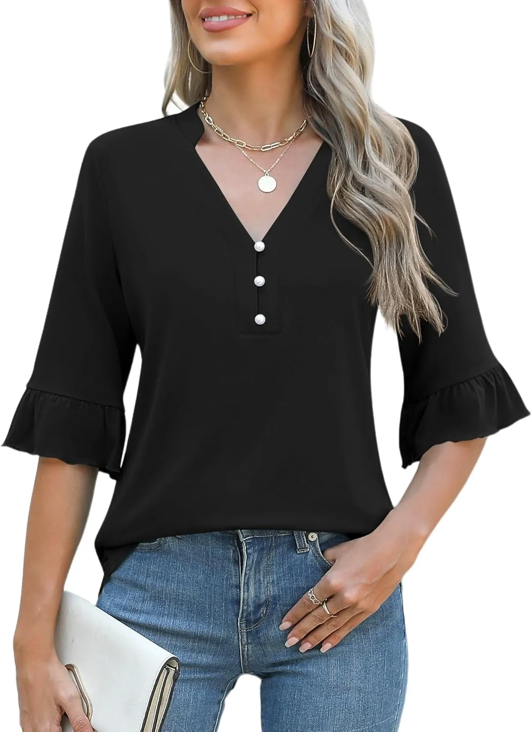 Rapbin Womens 3/4 Length Sleeve Blouses Ruffle Cuffs V Neck Button Down Shirts Dressy Flowy Tunic Tops
