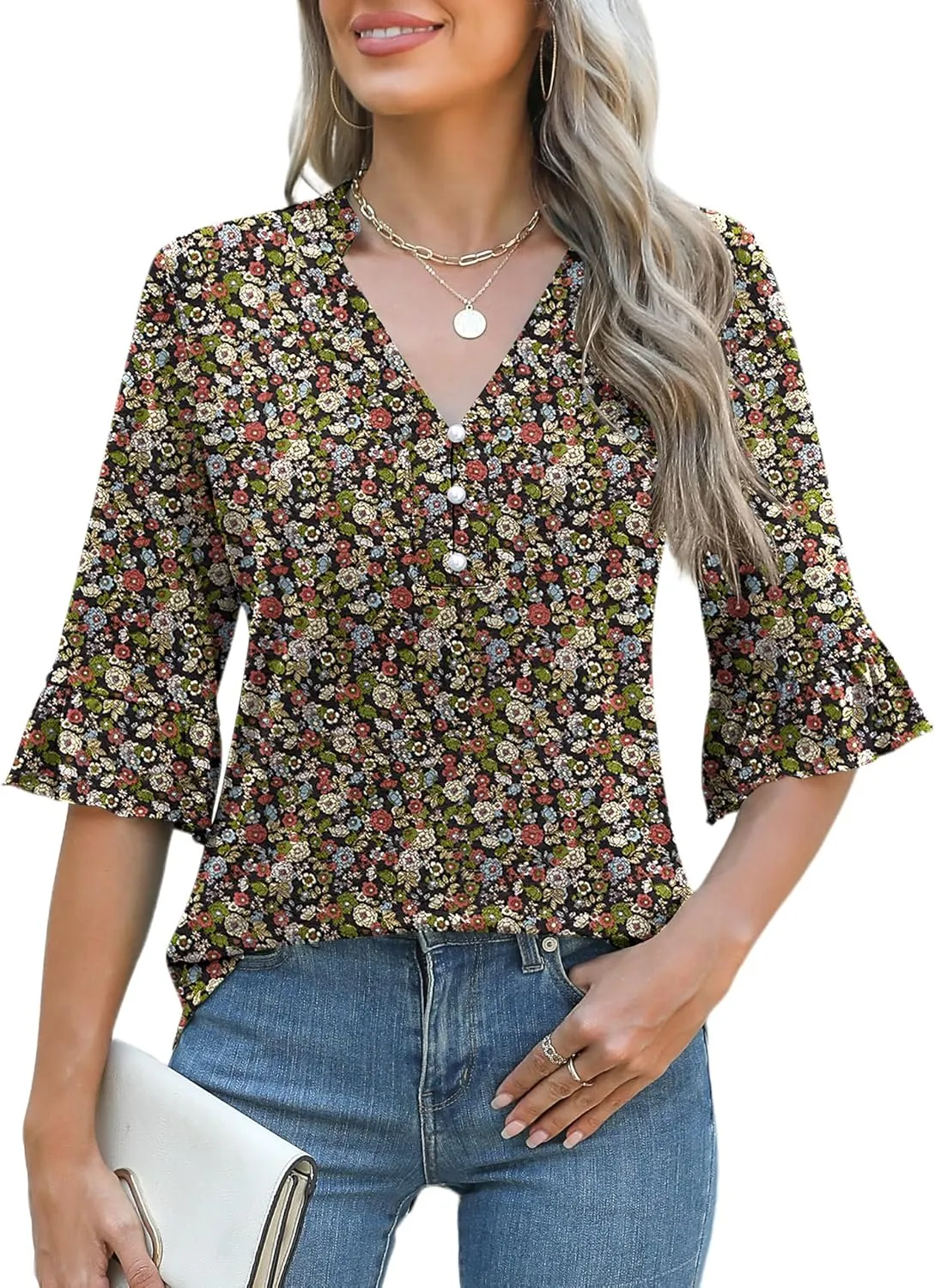Rapbin Womens 3/4 Length Sleeve Blouses Ruffle Cuffs V Neck Button Down Shirts Dressy Flowy Tunic Tops