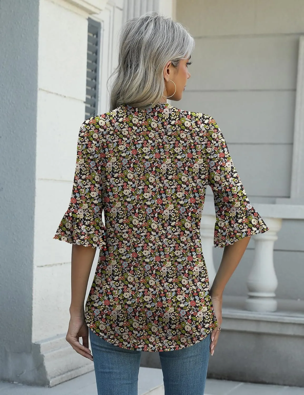 Rapbin Womens 3/4 Length Sleeve Blouses Ruffle Cuffs V Neck Button Down Shirts Dressy Flowy Tunic Tops