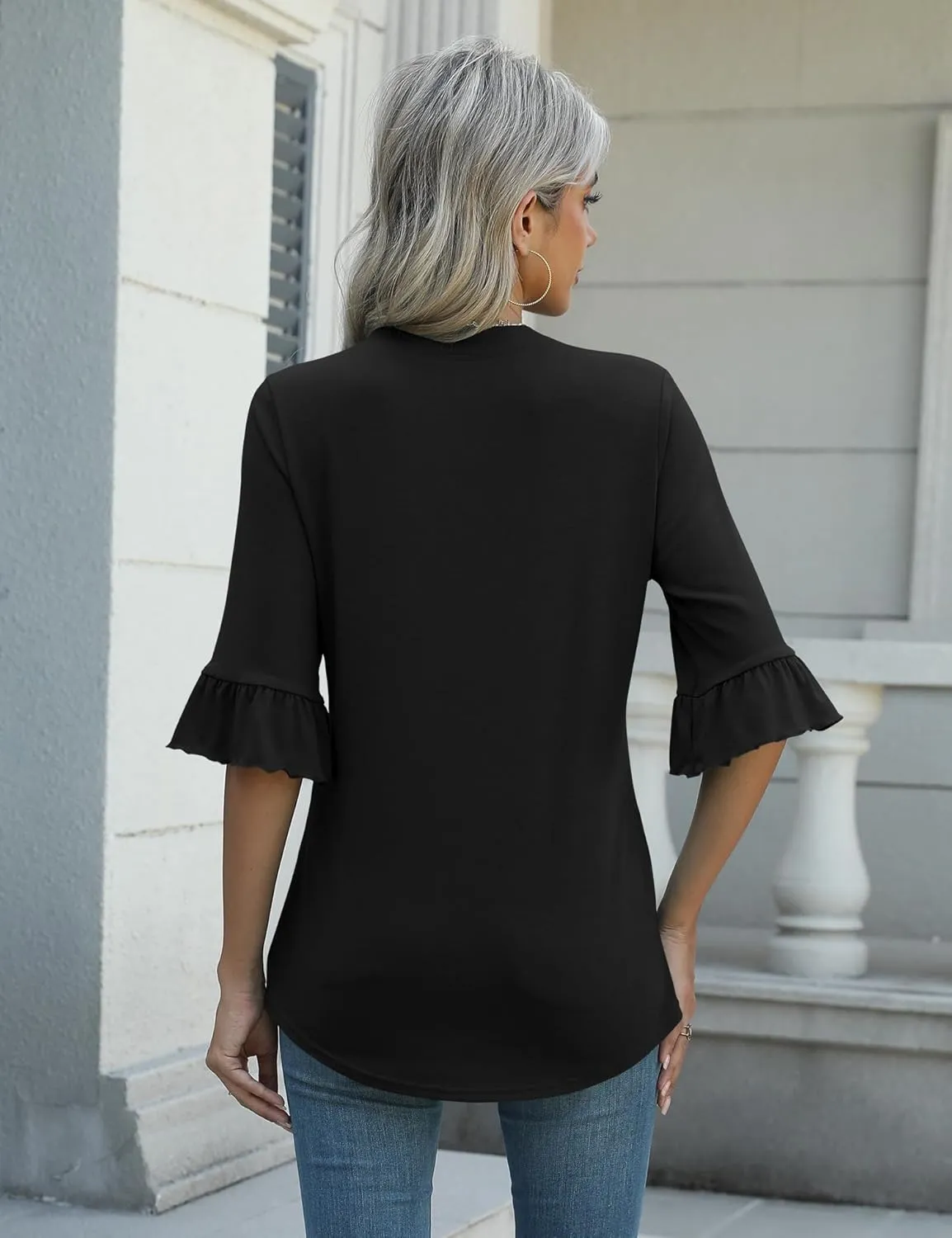 Rapbin Womens 3/4 Length Sleeve Blouses Ruffle Cuffs V Neck Button Down Shirts Dressy Flowy Tunic Tops