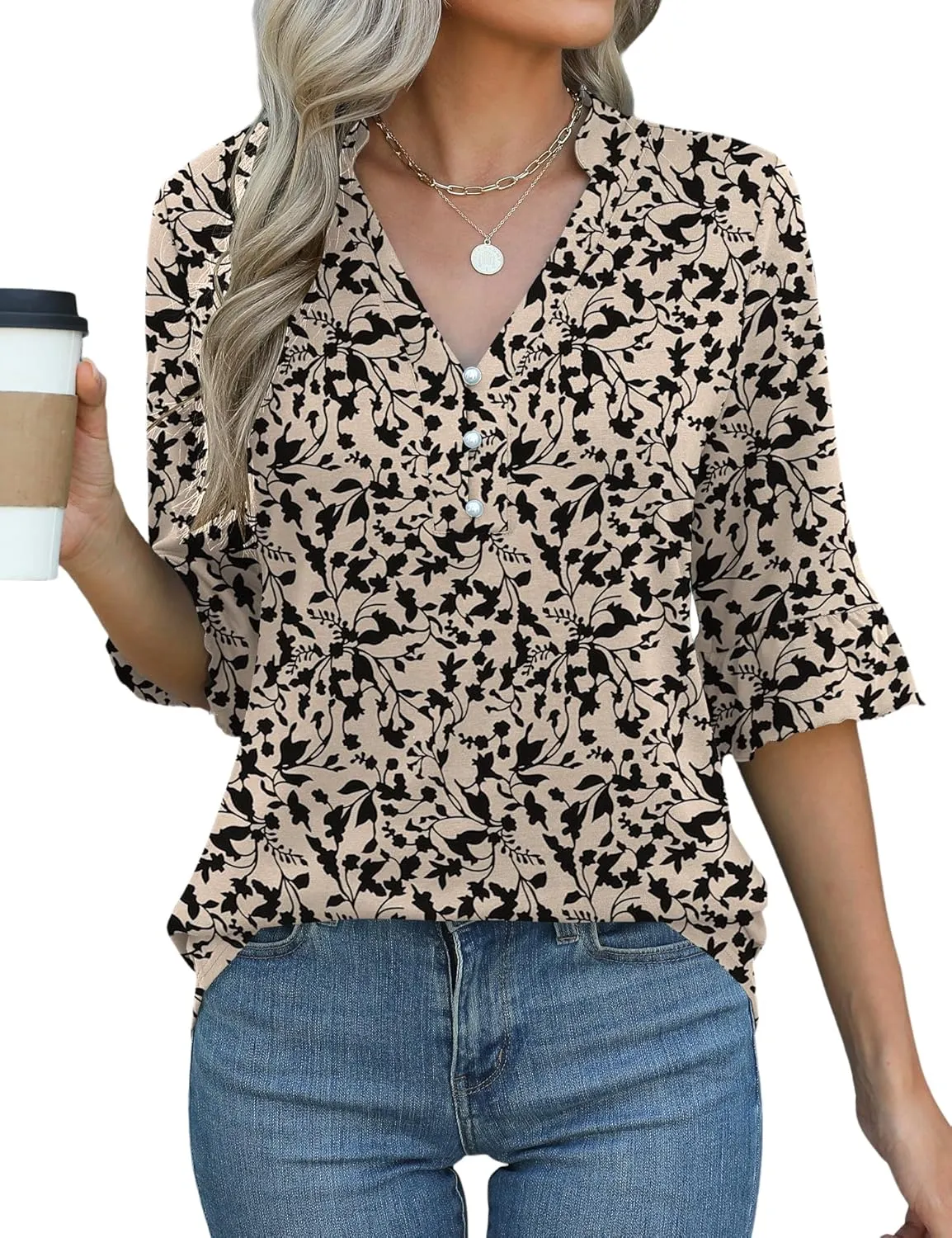 Rapbin Womens 3/4 Length Sleeve Blouses Ruffle Cuffs V Neck Button Down Shirts Dressy Flowy Tunic Tops