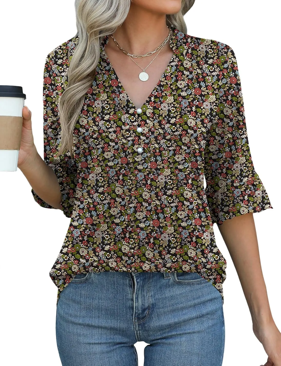 Rapbin Womens 3/4 Length Sleeve Blouses Ruffle Cuffs V Neck Button Down Shirts Dressy Flowy Tunic Tops