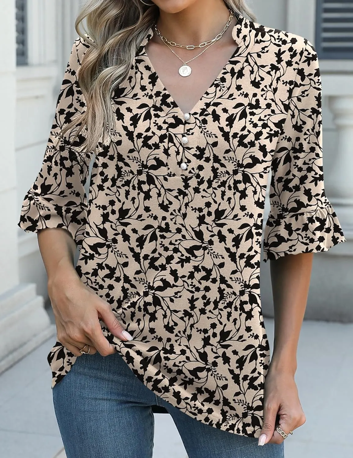 Rapbin Womens 3/4 Length Sleeve Blouses Ruffle Cuffs V Neck Button Down Shirts Dressy Flowy Tunic Tops