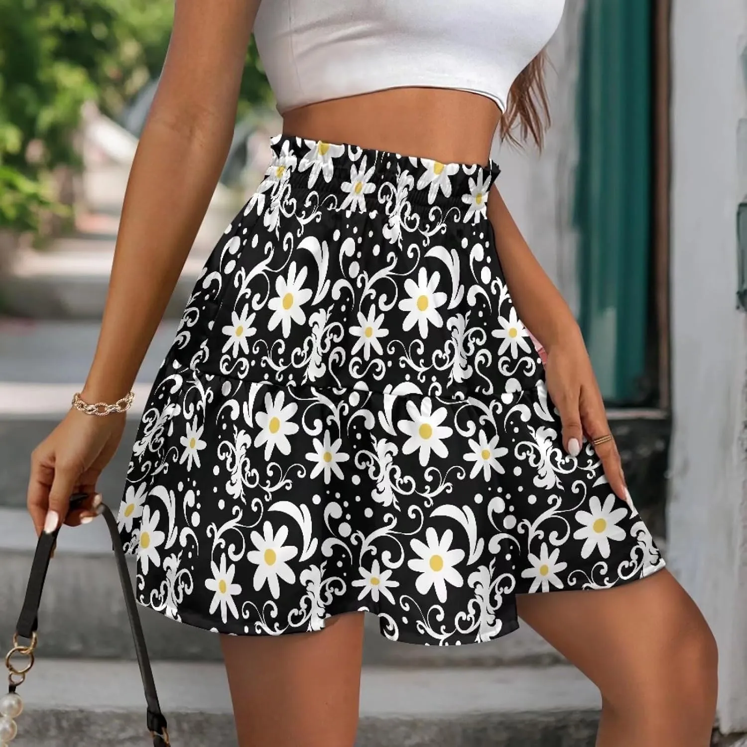 Ruched Skirt for Women Empire Waist Slim Mini Skater Skirt Causal Breathable Soft Short Skirt Basic Summer Outfits