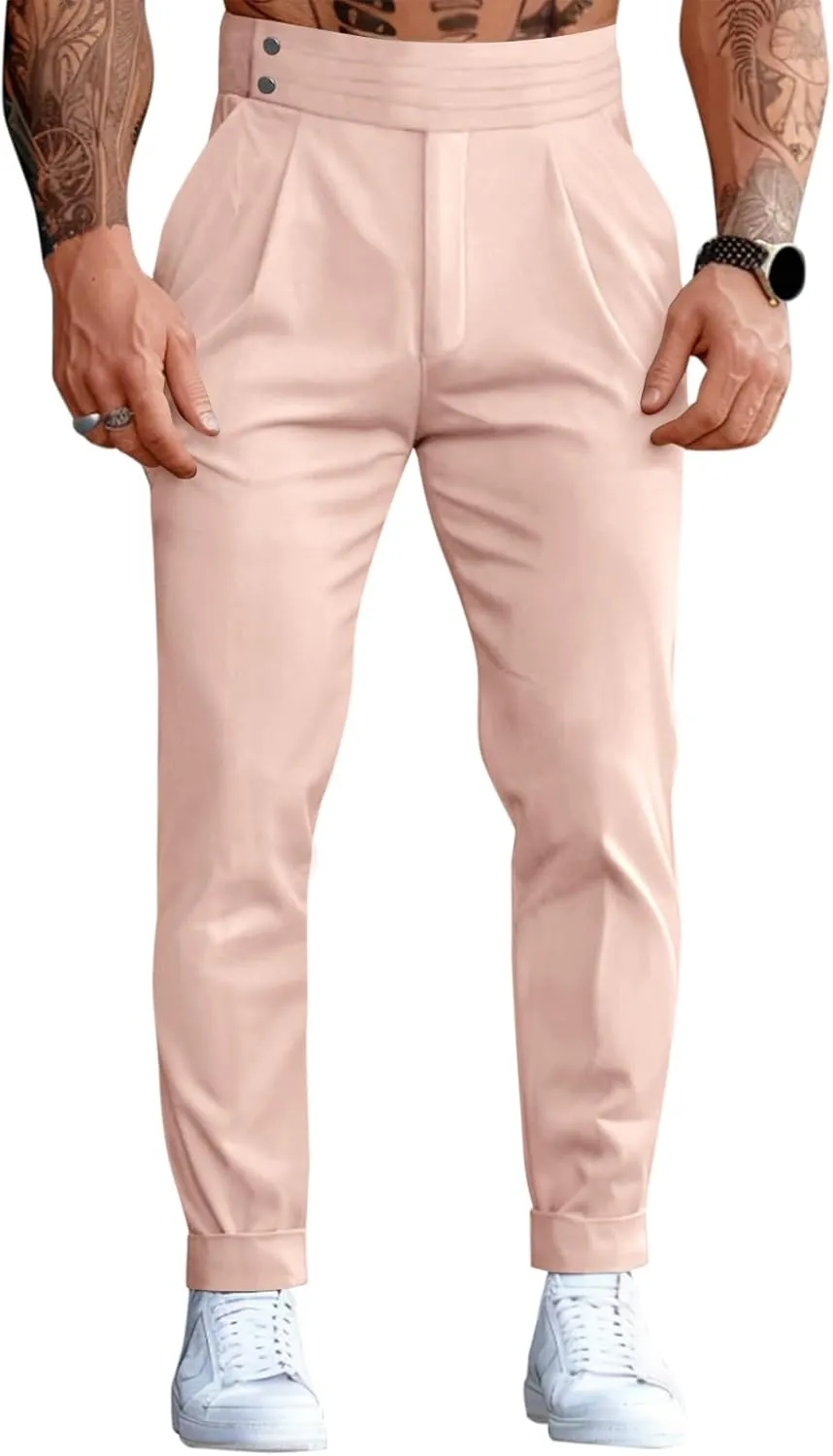 Runcati Mens Dress Pants Pleated Elastic Waist Chinos Trousers Work Suit Pants Slim Fit Slacks