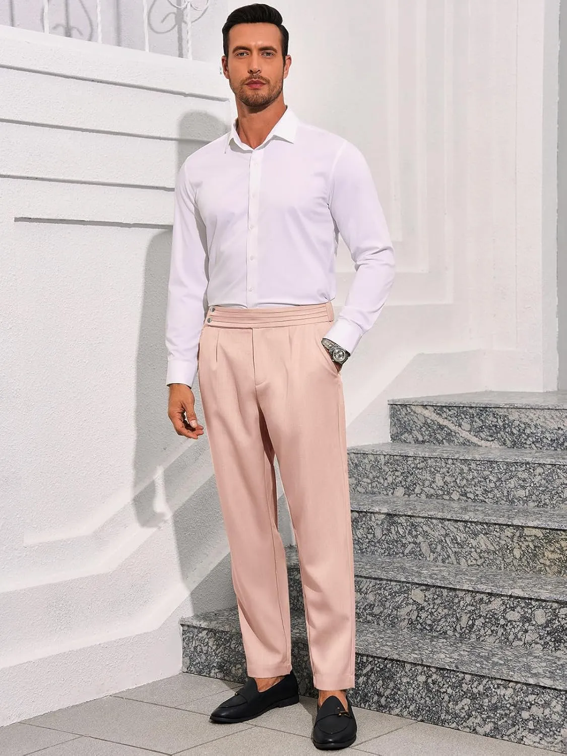 Runcati Mens Dress Pants Pleated Elastic Waist Chinos Trousers Work Suit Pants Slim Fit Slacks