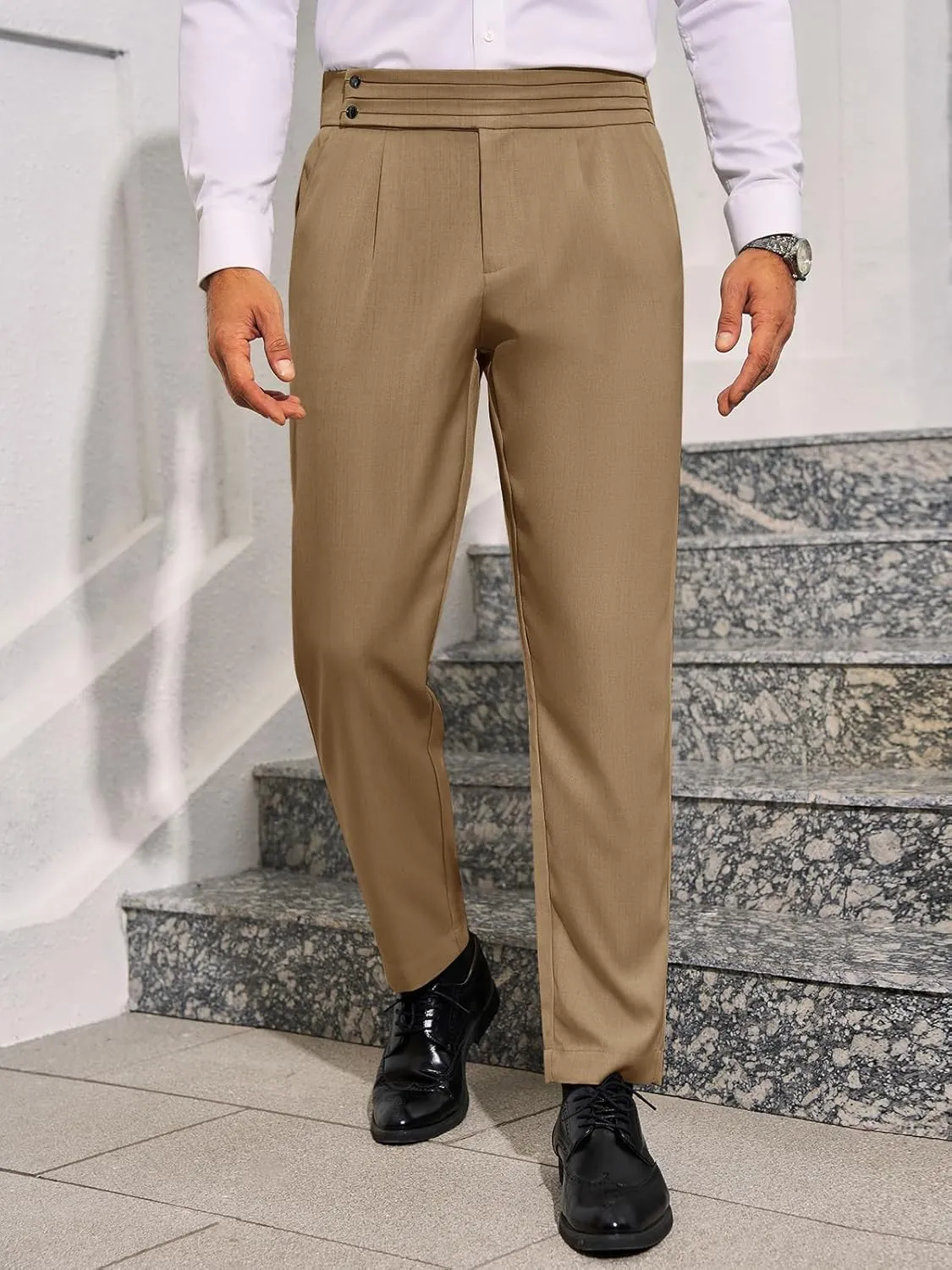 Runcati Mens Dress Pants Pleated Elastic Waist Chinos Trousers Work Suit Pants Slim Fit Slacks
