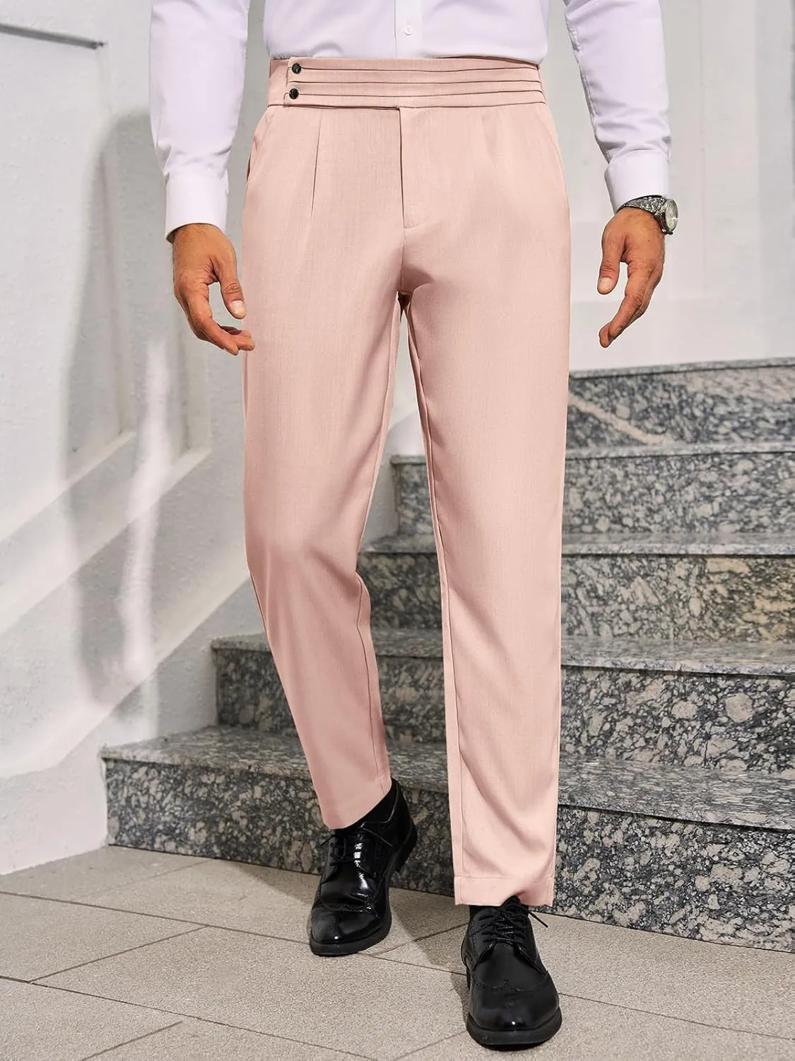 Runcati Mens Dress Pants Pleated Elastic Waist Chinos Trousers Work Suit Pants Slim Fit Slacks