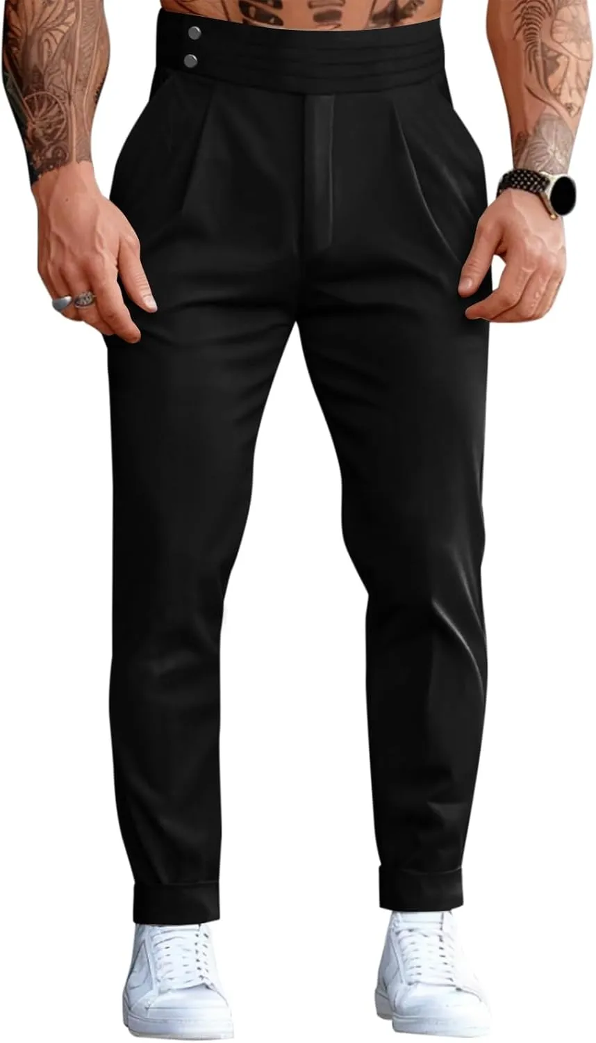Runcati Mens Dress Pants Pleated Elastic Waist Chinos Trousers Work Suit Pants Slim Fit Slacks