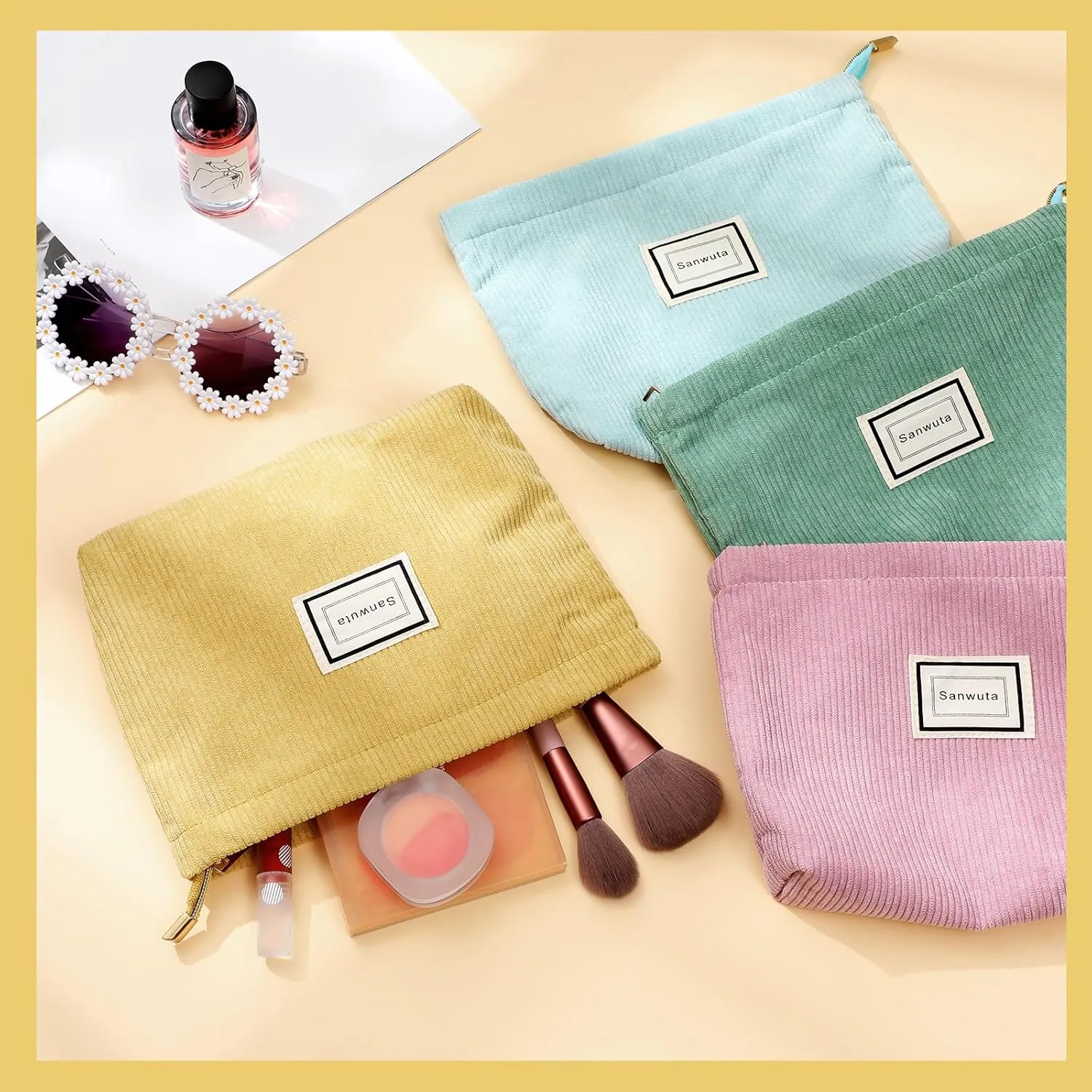 Sanwuta 4 Pack Velvet Makeup Bag Cosmetic Bag for Women Large Capacity Corduroy Pouch Zipper Canvas Travel Toiletry Purse Make up Organizer Case Accessories(Macaron Series,Plaid)