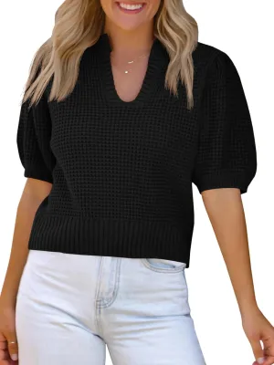 Saodimallsu Womens Puff Short Sleeve Sweater Top Waffle Knit V Neck Spring Summer Cropped Trendy Cute Shirts Blouses